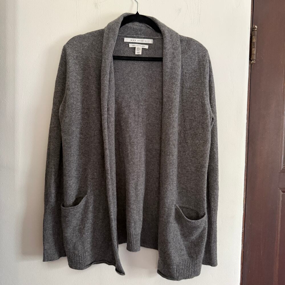 MAX STUDIO | Dark Charcoal Gray Open Front 2 Ply Cashmere Cardigan | Medium